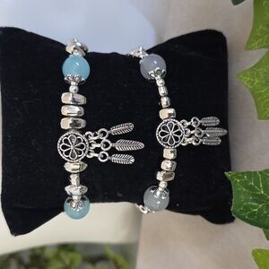 Silver and Aquamarine And Grey Stretch Bracelet with Dreamcatcher Charms